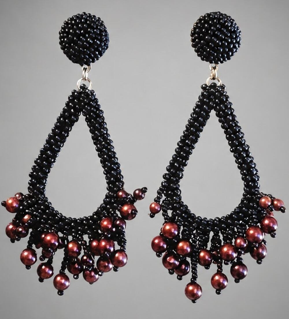 Vintage 3.5" Long Dangle Pierced Earrings- Blue Beaded Hoops Almost Black bp-40